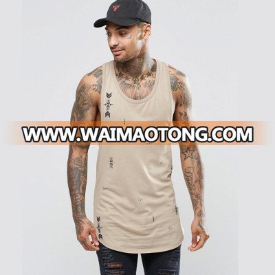 long line singlets men 95% cotton 5% elastane tank top curved hem vest